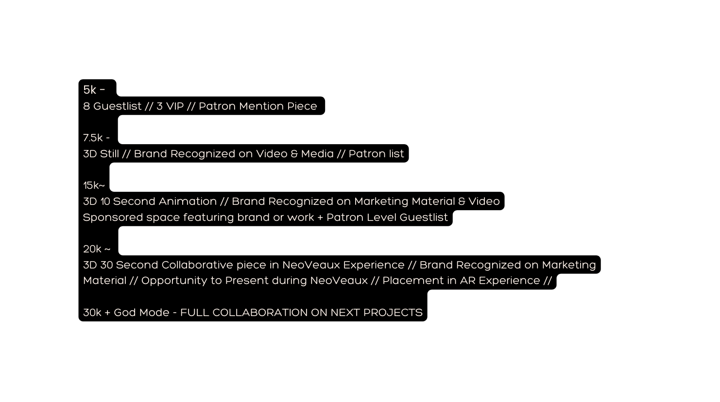 5k 8 Guestlist 3 VIP Patron Mention Piece 7 5k 3D Still Brand Recognized on Video Media Patron list 15k 3D 10 Second Animation Brand Recognized on Marketing Material Video Sponsored space featuring brand or work Patron Level Guestlist 20k 3D 30 Second Collaborative piece in NeoVeaux Experience Brand Recognized on Marketing Material Opportunity to Present during NeoVeaux Placement in AR Experience 30k God Mode FULL COLLABORATION ON NEXT PROJECTS